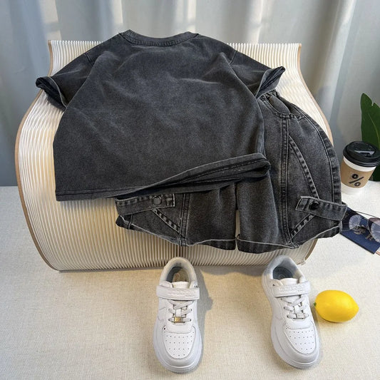 Set Kid Boy 2025 Summer New Style Cotton Letter Embroidered T-shirt Black Jeans Fashion Streetwear Daily Sporty Korean