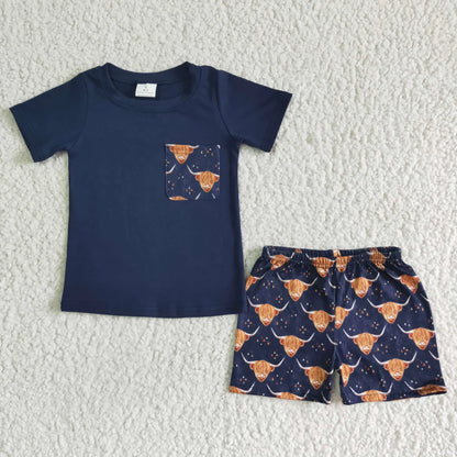 Wholesale Baby Boy Embroidery Clothing Short Sleeves Cotton T-shirt Plaid Shorts Children Kids Sets Outfit