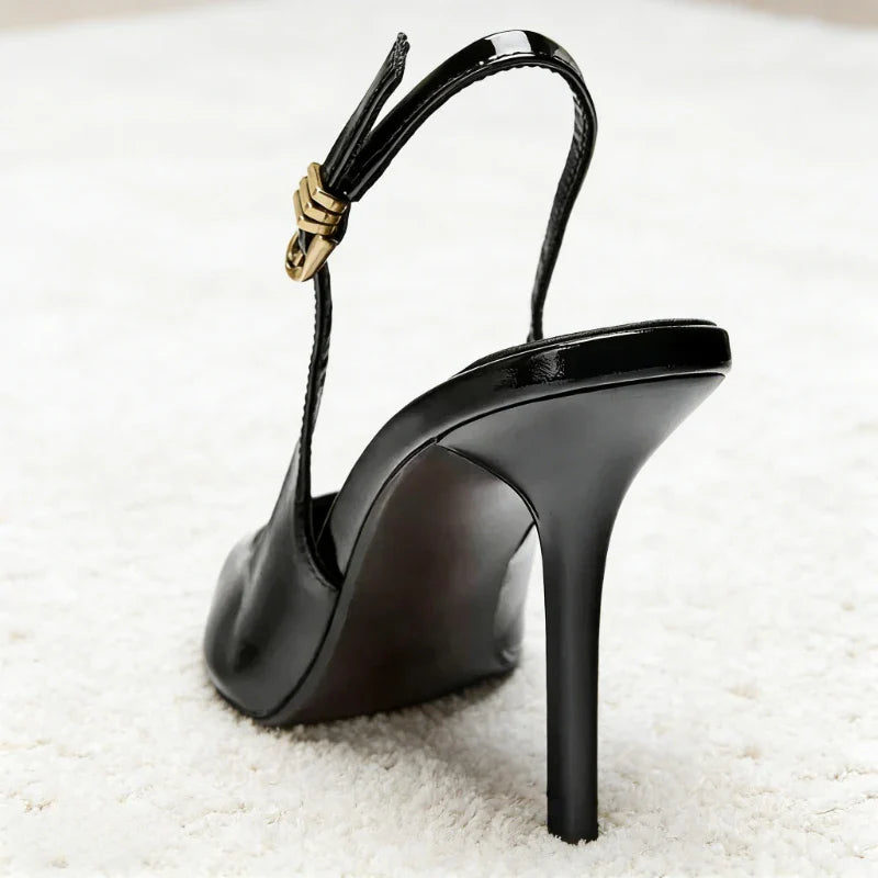 Sexy Black Pointed Toe Patent Leather Pumps Women Luxury Metal Ankle Strap Buckle Brand Designer Shoes Cozy Commuter Office Shoe