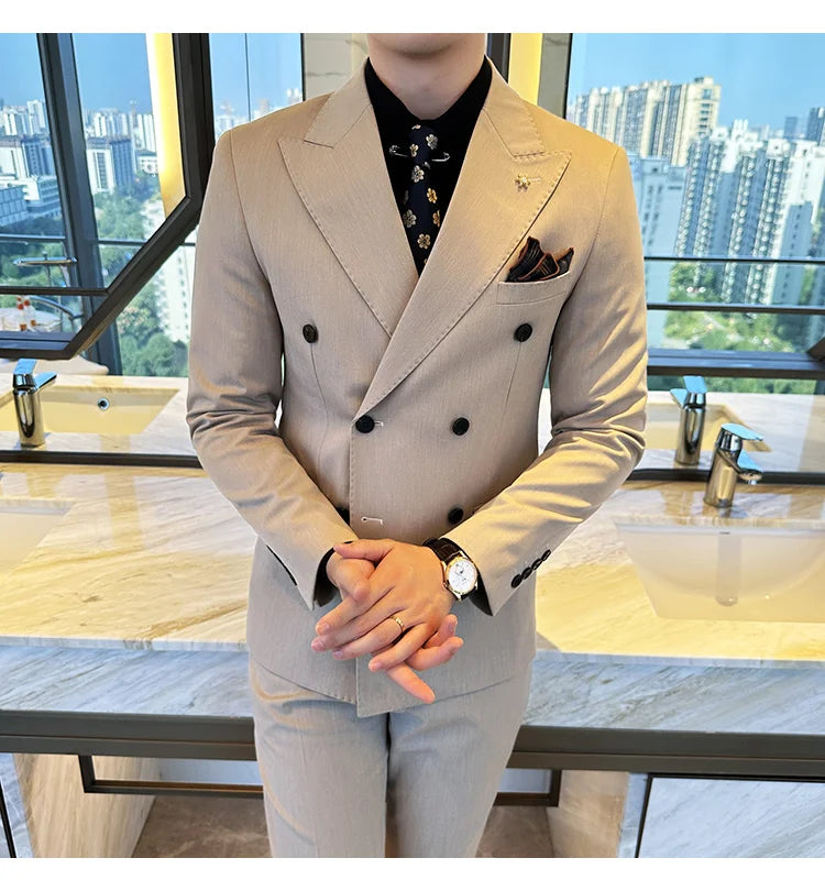(Jackets+Pants) Luxury Double Breasted Design Slim Fit Suit High Quality Fashion Men's Wedding Social Suit Tuxedo 2 Piece Set