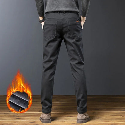 Classic Men's Fleece Slim Pants Winter Casual Velvet Business Straight Solid Thick Plush Trousers Brand Clothing Man Pants