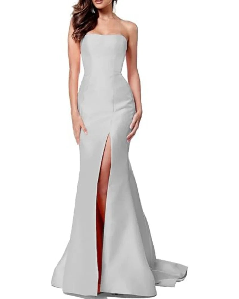 Women's Sleeveless Mermaid High Slit Backless Long Prom Gowns Strapless Floor Length Satin Evening Maxi Dresses
