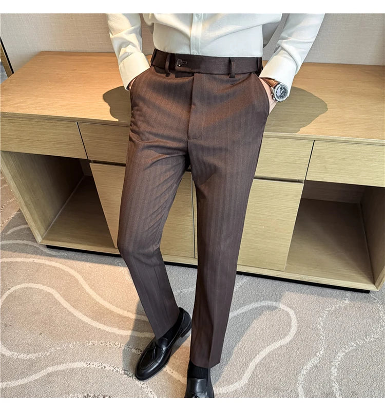 Men's Wool Blend Dress Pants, Elastic Waist Business Trousers, Tapered Slim Fit, Charcoal Gray Black Navy