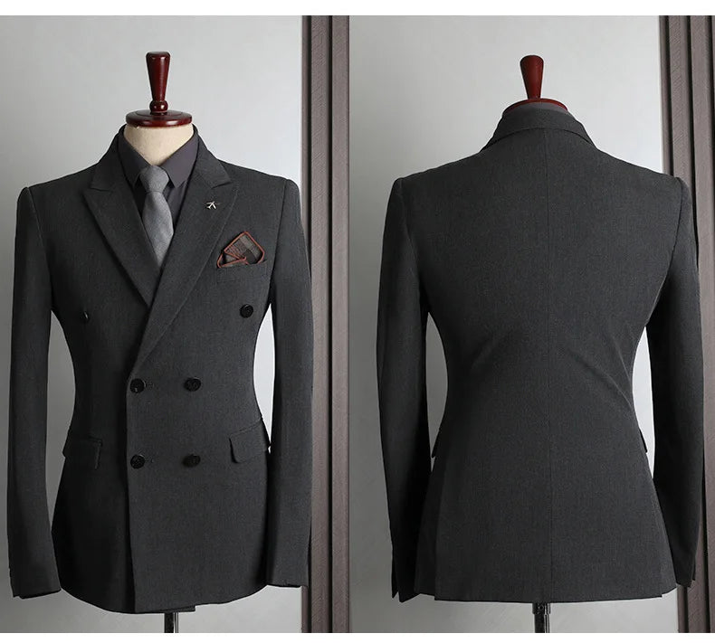 Man Suit Outfit Double-breasted Blazer Men V-neck Vest Straight-leg Pant Male Slim Business Wedding Three-piece Set