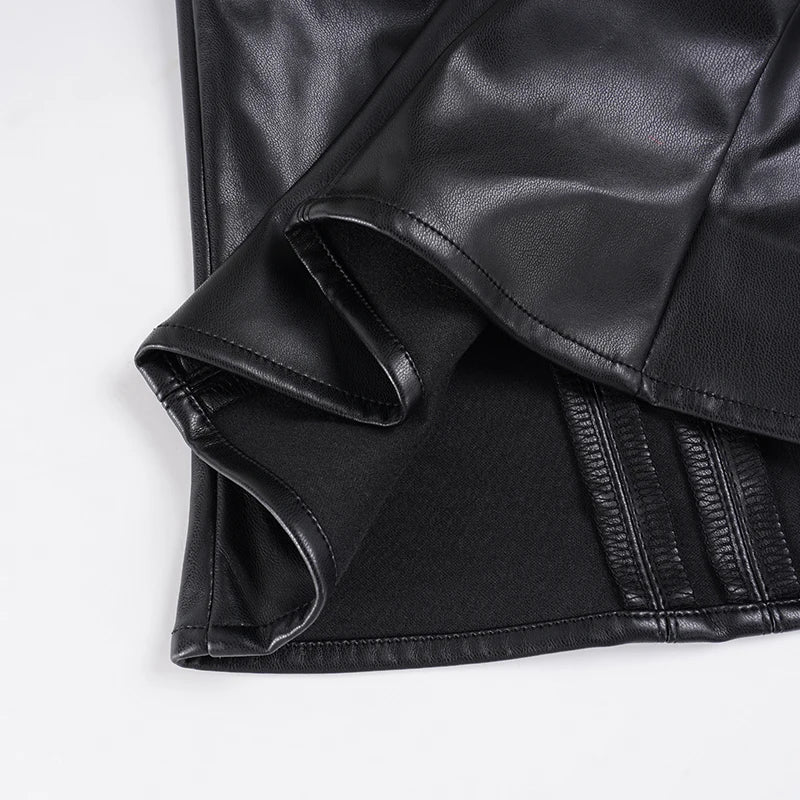 Retro Punk Pu Leather Vest With Sleeve Cover Women Gothic Black Sleeveless Turtleneck Top Y2k Metal Decorative Clothing