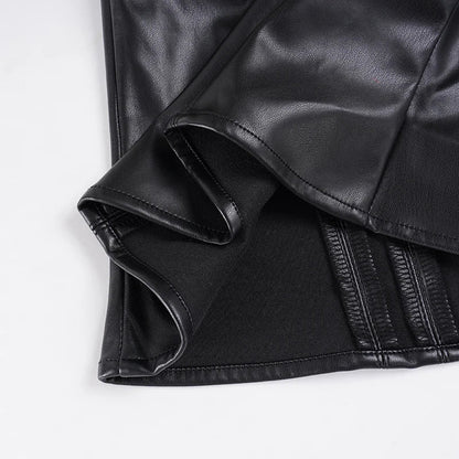 Retro Punk Pu Leather Vest With Sleeve Cover Women Gothic Black Sleeveless Turtleneck Top Y2k Metal Decorative Clothing
