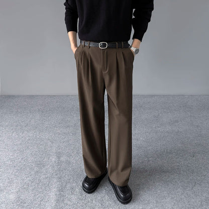 Spring New Loose Straight Pants Men Elastic Waist Double Pleats Wide Legs Casual Drape Fashionable Anti-wrinkle Trousers