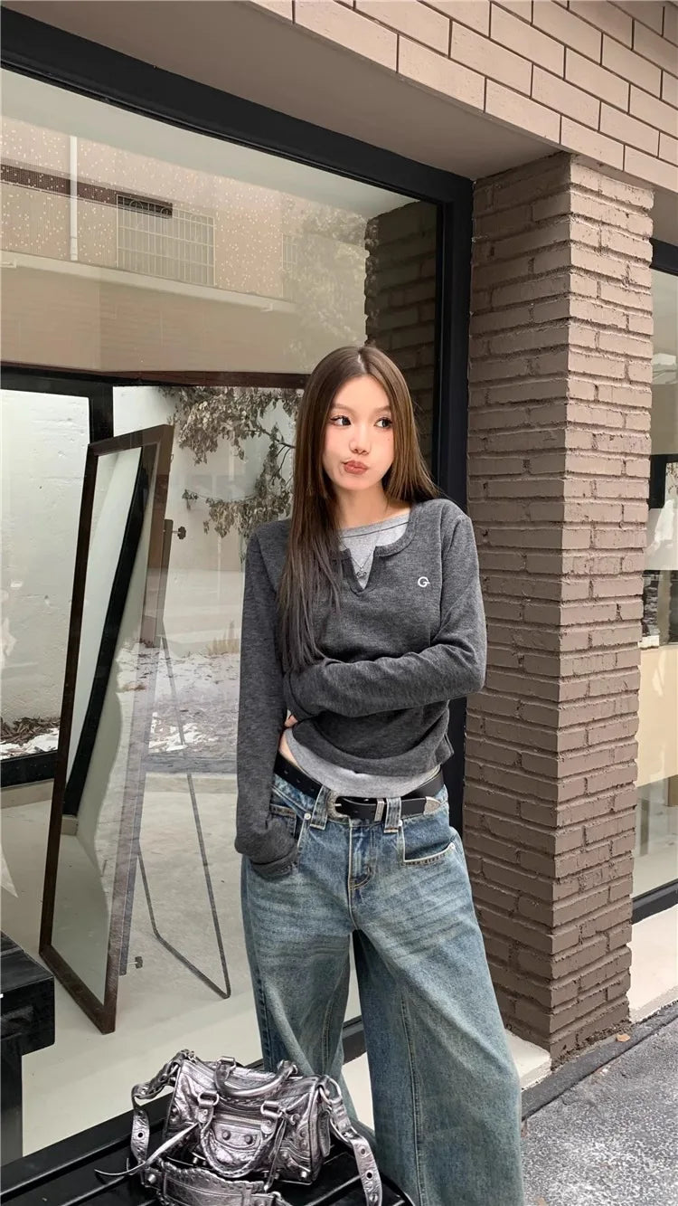 Women's T-shirt fake two piece long sleeved T-shirt for autumn and winter slim fit and slimming bottom top retro bottom top