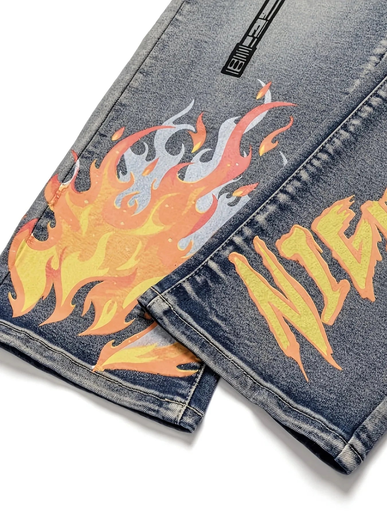 New M4 Wolf Head Flame Print Y2K Full Sweep Retro Trend Straight Jeans