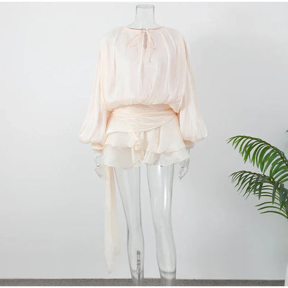 Elegant Ruched Mini Dress For Women Round Neck Lantern Long Sleeve High Waist Temperament Dresses Female Fashion 2025 CLOTHING