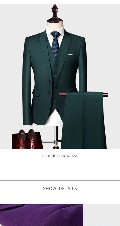 ( Jacket +Vest+ Pants ) Luxury Men's High-end Brand Solid Color Business Office Suit 3Pcs & 2Pcs Groom Wedding Party Suit Tuxedo