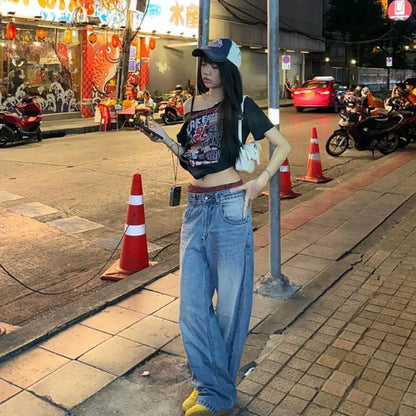 Tee Y2k Letter Print Off Shoulder Punk T-shirts Women Harajuku Summer Streetwear Grunge T Shirt Aesthetic Sexy Crop Tops