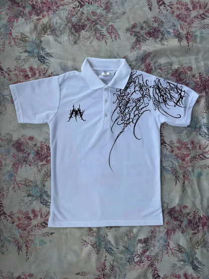 Y2K Polo Shirt Print Rock Goth Oversized T-shirt Hip Hop Button-down Collar Shirt Punk Casual Tee Minimalist and Fashionable