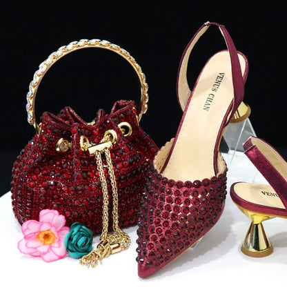 High-Heeled Pointed Toe Wedding Shoes Colorful Full Diamond Design Shoe and Bag Set for Nigeria Party