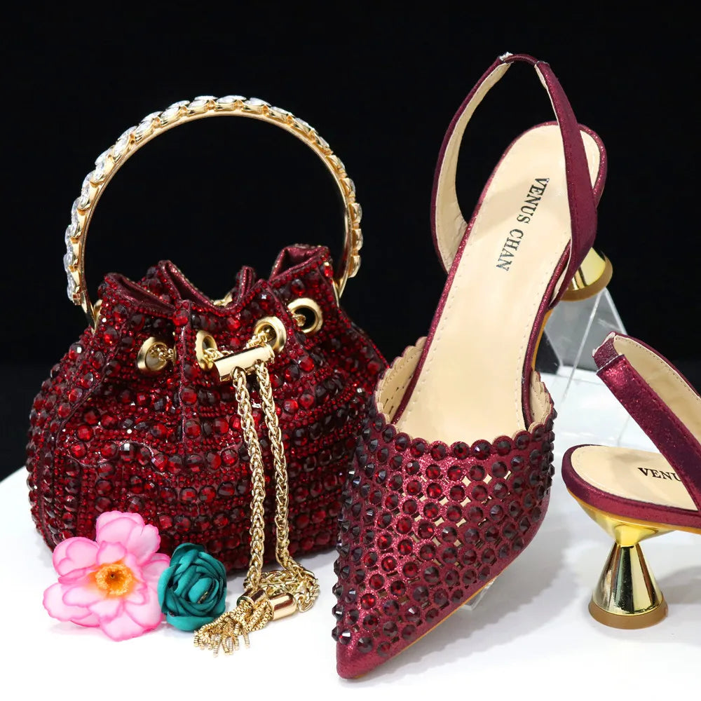 High Heels for Lady 2023 Luxury Designer Green Color Full Diamond Pointed Toe Wedding Shoe and Bag Set for Party