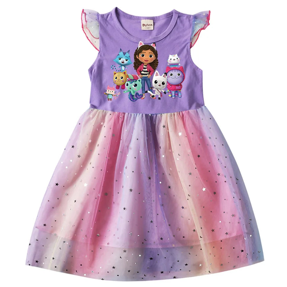 Kids Gabby's Dollhouse Cats Princess Dress Summer Casual Girls Rainbow Mesh Dress Children Carnival Wedding Birthday Party Dress