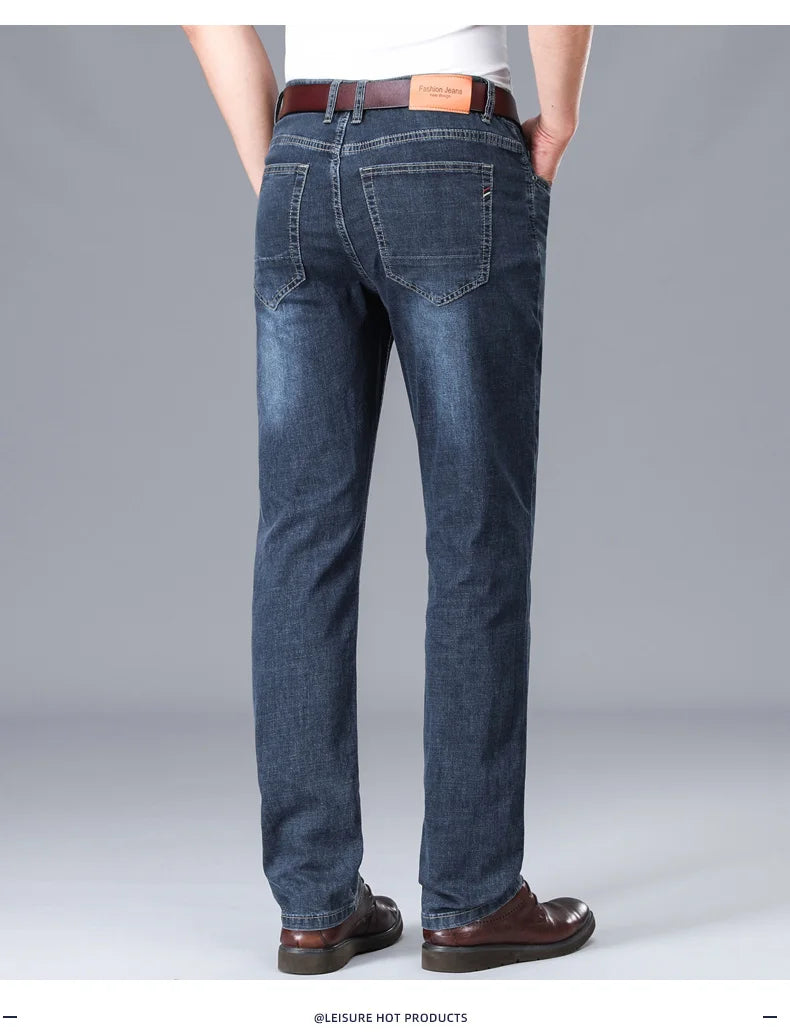 2026 Brand Thin or Thick Material Straight Cotton Stretch Denim Men's  Business Casual High Waist Light Grey Blue Jeans