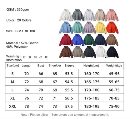 Thick 350gsm Fleece Hooded Hoodies For Men Unisex Winter Oversized Loose Basic Solid Sweatshirts Pullovers Coats HY0631