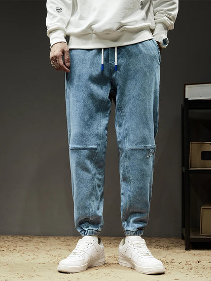 Calça Jeans Masculina Cargo Primavera Verão Levemente Elástica Algodão Denim Jogger Preta Azul Streetwear Folgada