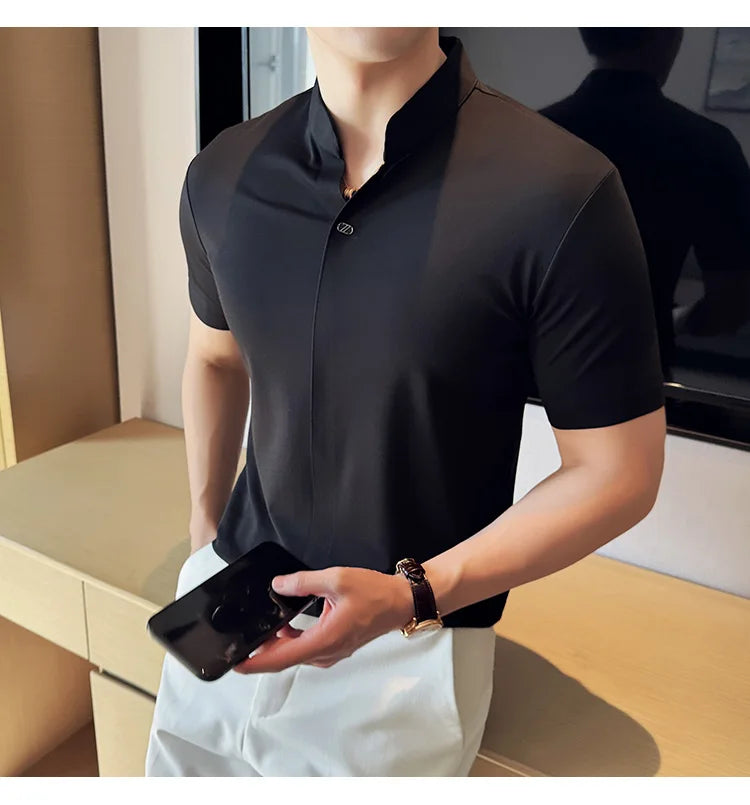 Men's High Elastic V-neck Polo Shirt, Thin Short-sleeve T-shirt, Business Casual Men's Top, 2024 High Quality, M-4XL.