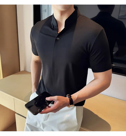 Men's High Elastic V-neck Polo Shirt, Thin Short-sleeve T-shirt, Business Casual Men's Top, 2024 High Quality, M-4XL.
