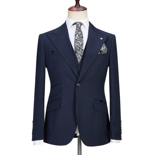 Dark Blue Pinstripe 3 Piece Classic Men Suits Blazer Vest Pants Peak Lapel Formal Business Prom Wedding Dress