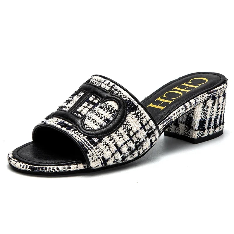 Woman Middle Heel Slippers Luxury Brand Women's Shoes Retro Design 2025 Summer New
