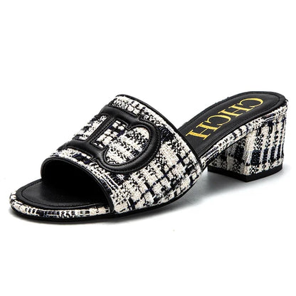 Woman Middle Heel Slippers Luxury Brand Women's Shoes Retro Design 2025 Summer New