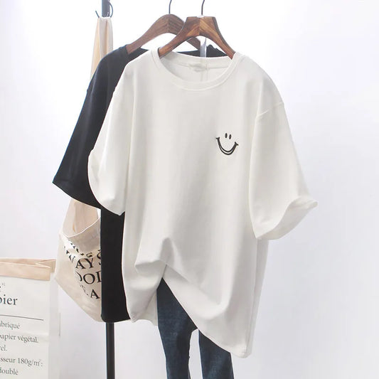 1pcs Girl Summer Smile Print T-shirts Women Classic Basic Fashion Tees Students Short Sleeve Loose Tops Female Round Neck Tshirt