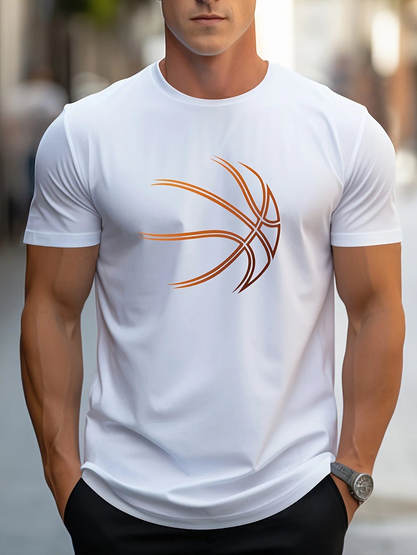 Summer men's 100% cotton comfortable casual loose oversized basketball pattern print sports round neck short sleeved T-shirt