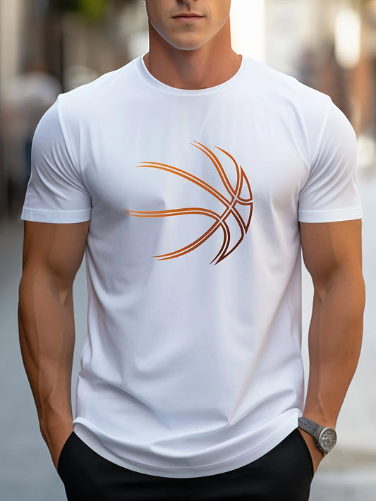 Summer men's 100% cotton comfortable casual loose oversized basketball pattern print sports round neck short sleeved T-shirt