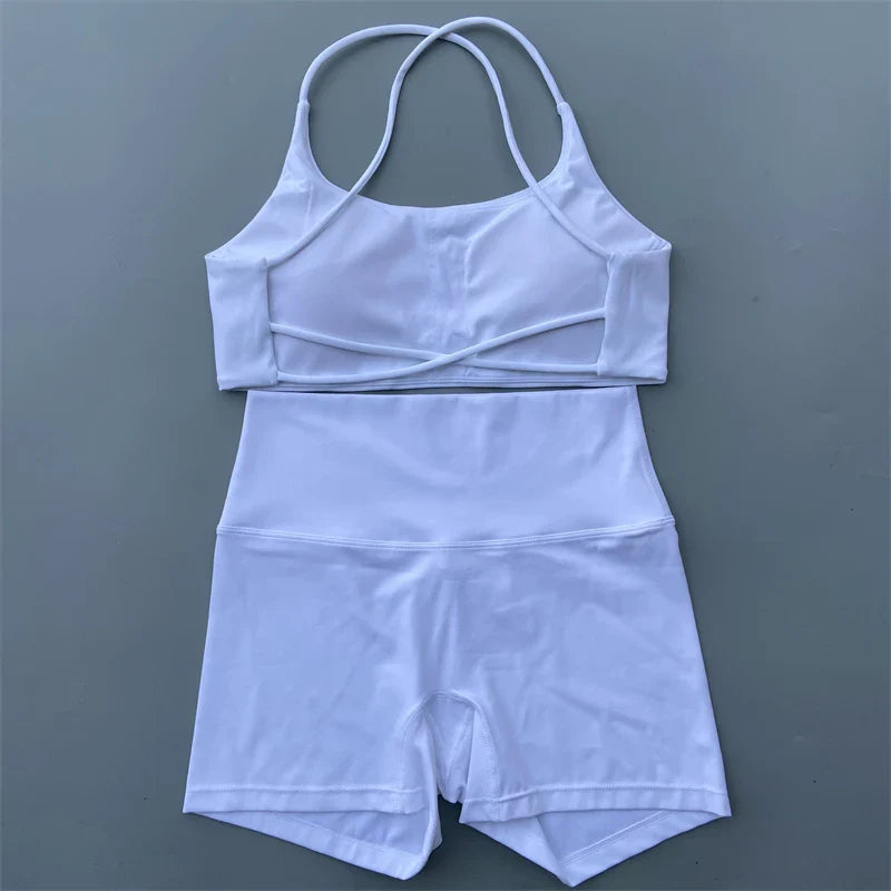 Yoga Shorts Set Gym Two Piece Sports Set Women Workout Outfit Fitness Suit Cross Straps Bra High Waist Shorts Running Tracksuit