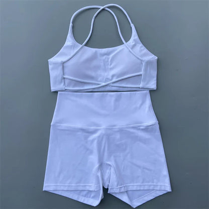 Yoga Shorts Set Gym Two Piece Sports Set Women Workout Outfit Fitness Suit Cross Straps Bra High Waist Shorts Running Tracksuit