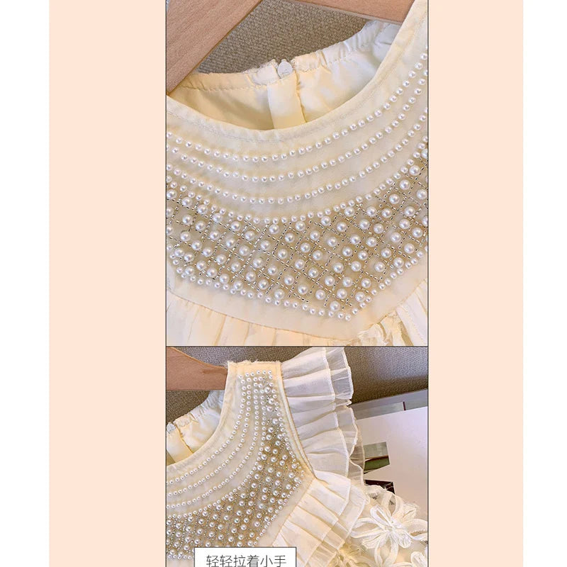 Novo Vestido Princesa Menina Primavera Verão Artesanal Cordão De Pérolas Rendas Nobres Para Menina Roupa Personalizada De Festa Infantil