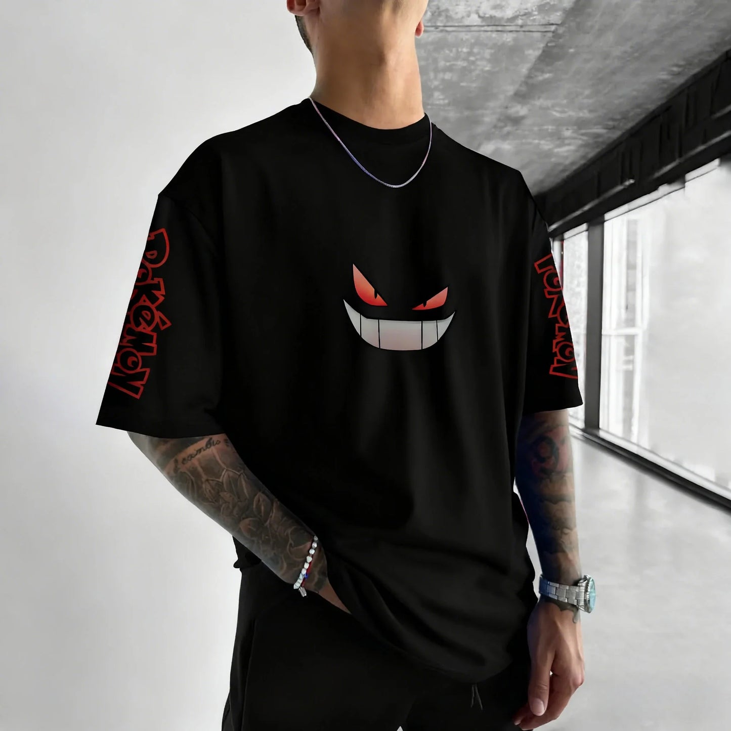 Gengar Anime Printing Black T-shirt 2026 Autumn/Winter New Harajuku Men's and Women's Loose Daily Parent-child Top