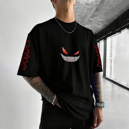Gengar Anime Printing Black T-shirt 2026 Autumn/Winter New Harajuku Men's and Women's Loose Daily Parent-child Top