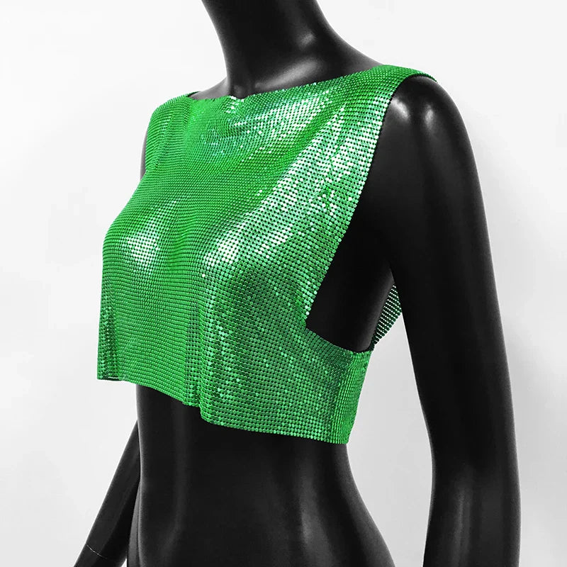 Sexy Metal Sequin Tank Top For Women y2k Summer Beach Backless Crop Top Rave Festival Club Outfits Camisole
