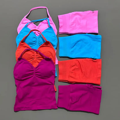 No Logo 2 Pies Sports Set Women Backless Tank Yoga Tops High Waist Scrunch Seamless Shorts Sport Gym Set Sportswear Workout Set