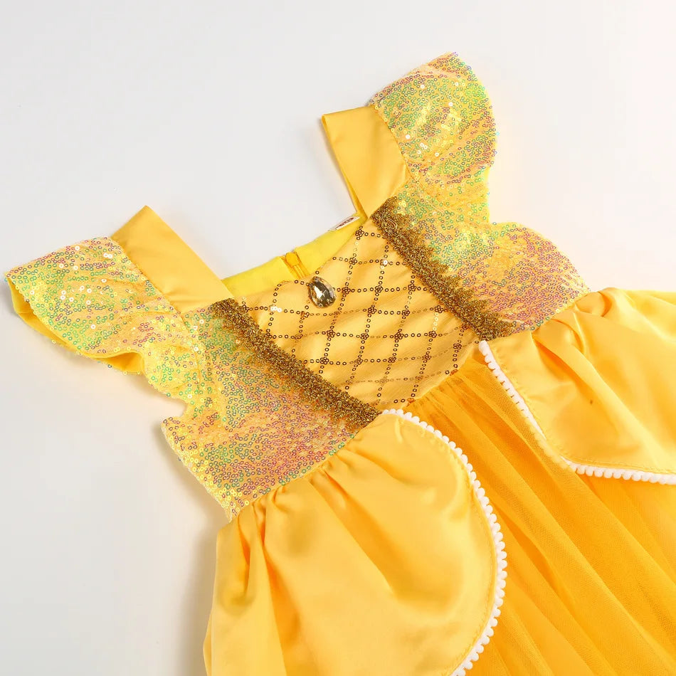 Vestidos de Princesa Disney para Meninas Fantasia de Festa da Bela Roupa de Flores para Crianças de Halloween Aniversário Fantasia da Bela e a Fera