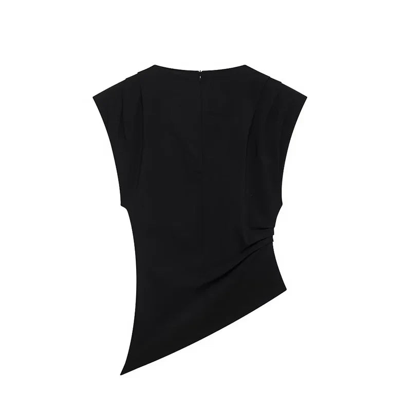 Women Fashion With Pad Solid Pleated Back Zipper Tank Tops Vintage O-Neck Sleeveless Female Chic Lady Tops
