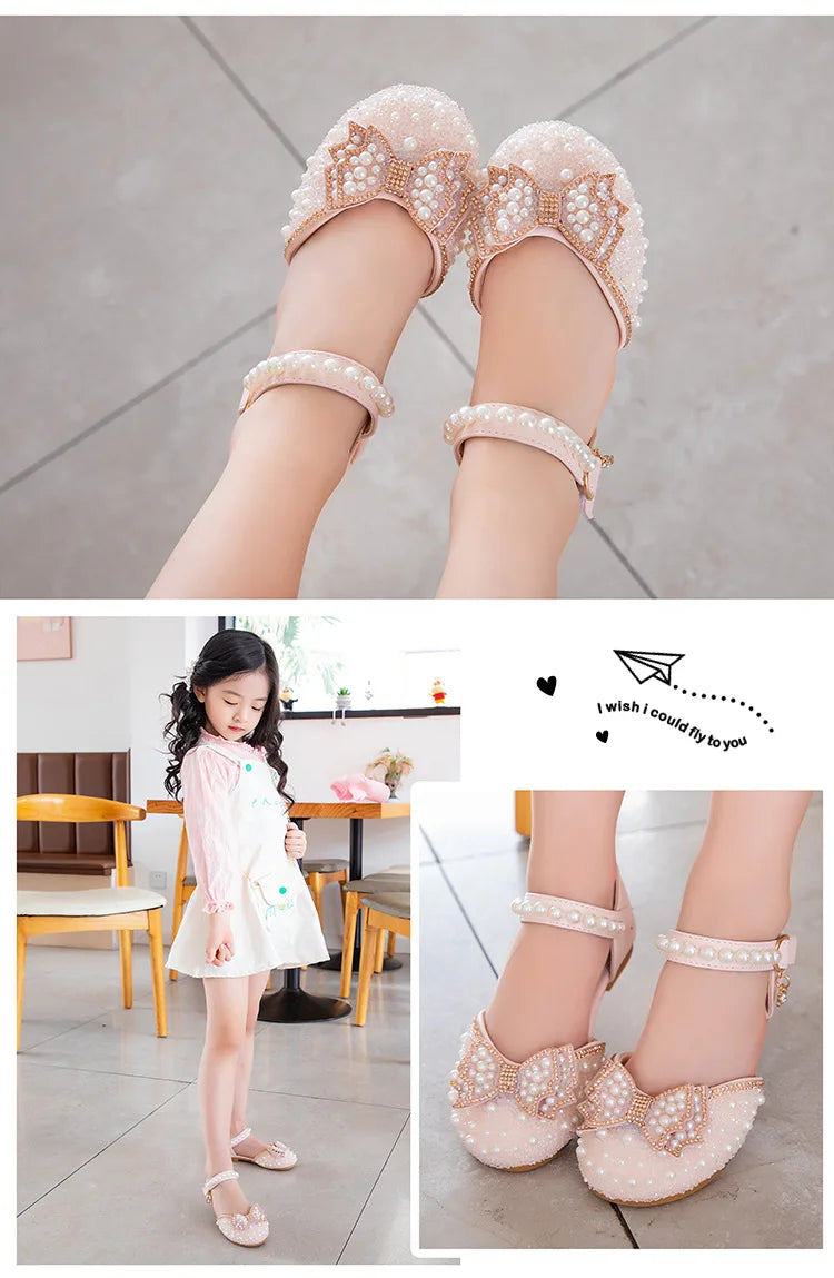 2026 Spring New Girl Sandals Cute Bow Pearl Sequins Kid Princess Shoes Flat Heels children Dancing 21-34