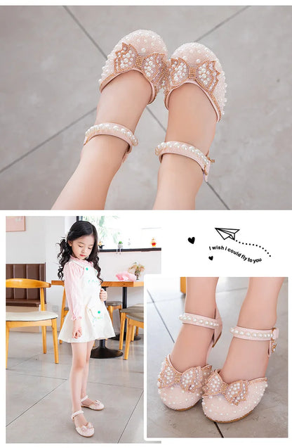 2026 Spring New Girl Sandals Cute Bow Pearl Sequins Kid Princess Shoes Flat Heels children Dancing 21-34