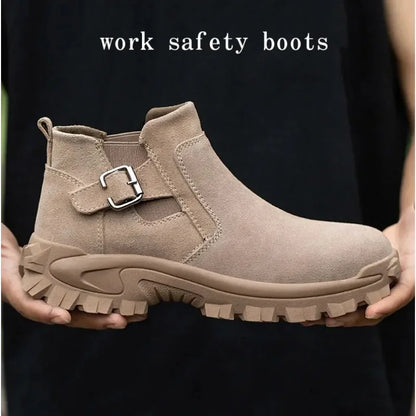 Cowhide and Suede Work Shoes  Outdoor Anti Smashing Safety Desert Boots Chelsea Men's Fashionable Steel Toe Cover Safety Boots