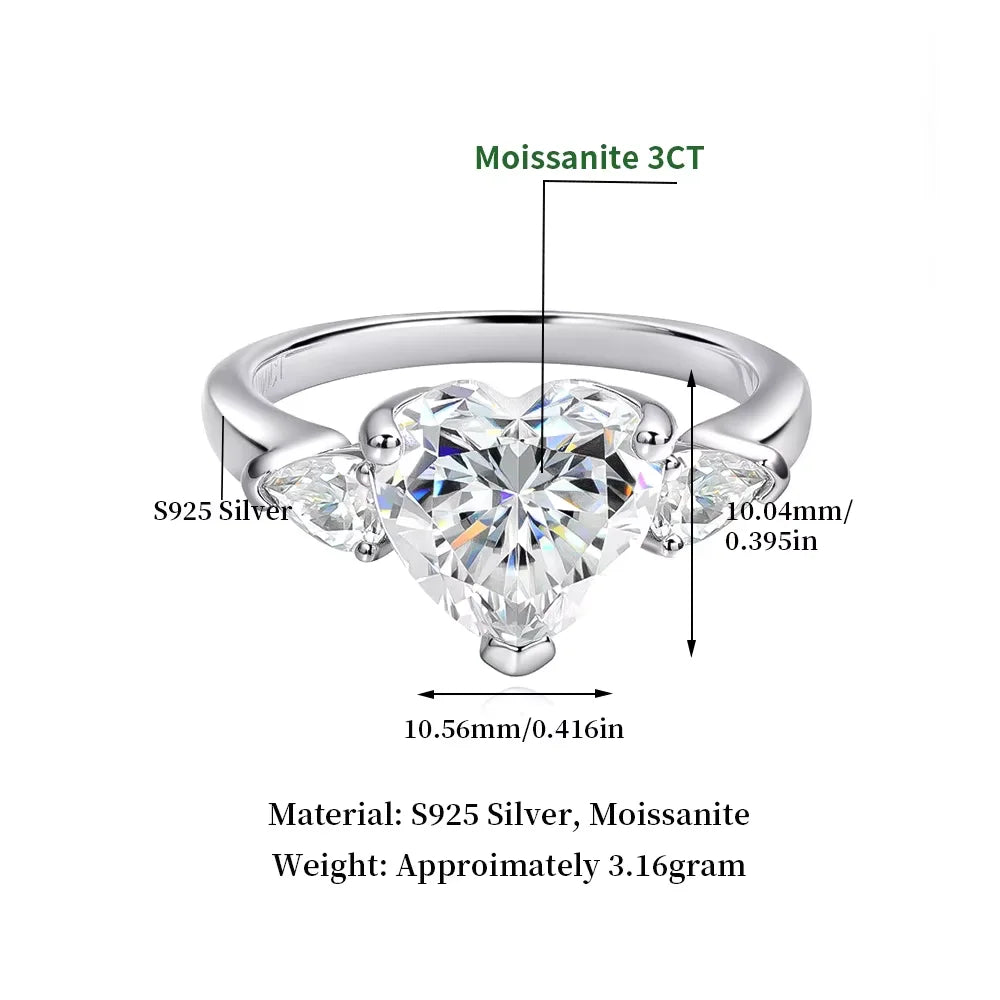 D VVS Heart Cut Moissanite Ring Diamond GRA 925 Sterling Silver Plated 18k White Gold Promise Engagement Ring for Women