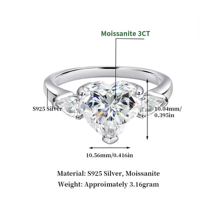 D VVS Heart Cut Moissanite Ring Diamond GRA 925 Sterling Silver Plated 18k White Gold Promise Engagement Ring for Women