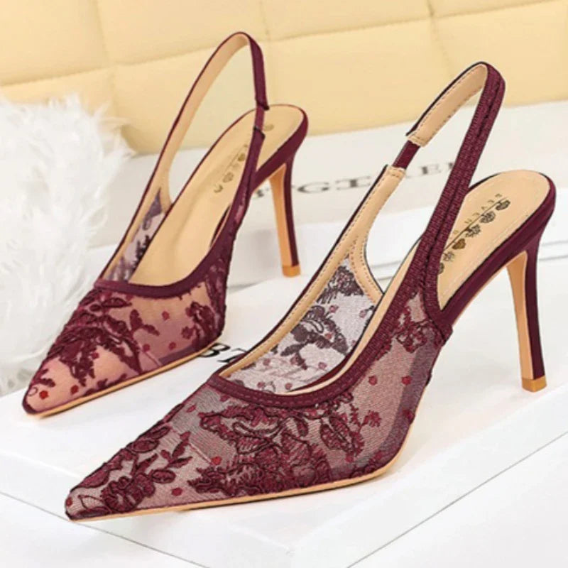 Elegant Embroidered Mesh High Heels for Women Sexy Pointed-toe Designer Pumps Luxury Party Dress Shoes Sandals