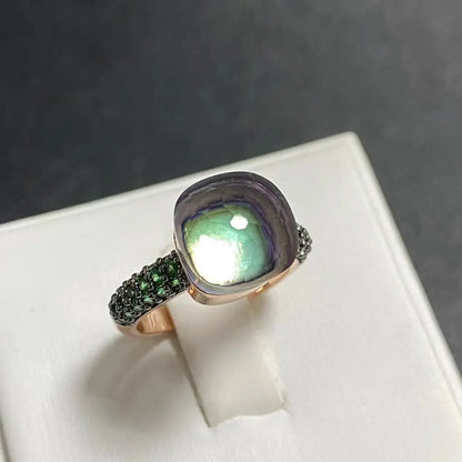 Emerald Ring for Women Green Zircon Inlay Rose Gold & Black Gun Plated 30 Colors Candy Crystal Style Jewelry Birthday Gift