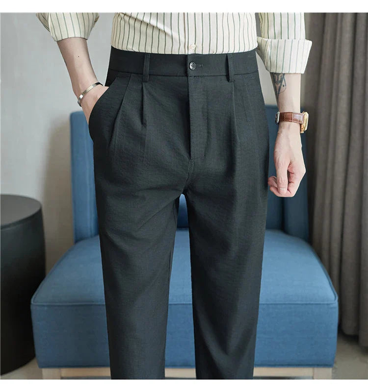 Men's Old Money Style Linen-Cotton Pleated Dress Pants – Lightweight, Semi-Elastic Waist & Wrinkle-Free for Summer