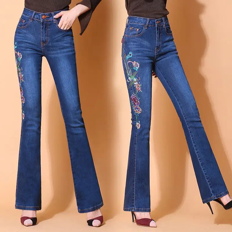 Vintage Ethnic Embroidery Flare Jeans Women Blue Wash Button Pocket Zipper Elastic High Waist Casual Versatile Straight Pants