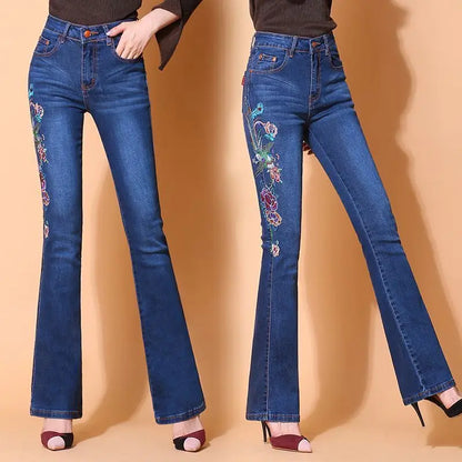 Vintage Ethnic Embroidery Flare Jeans Women Blue Wash Button Pocket Zipper Elastic High Waist Casual Versatile Straight Pants